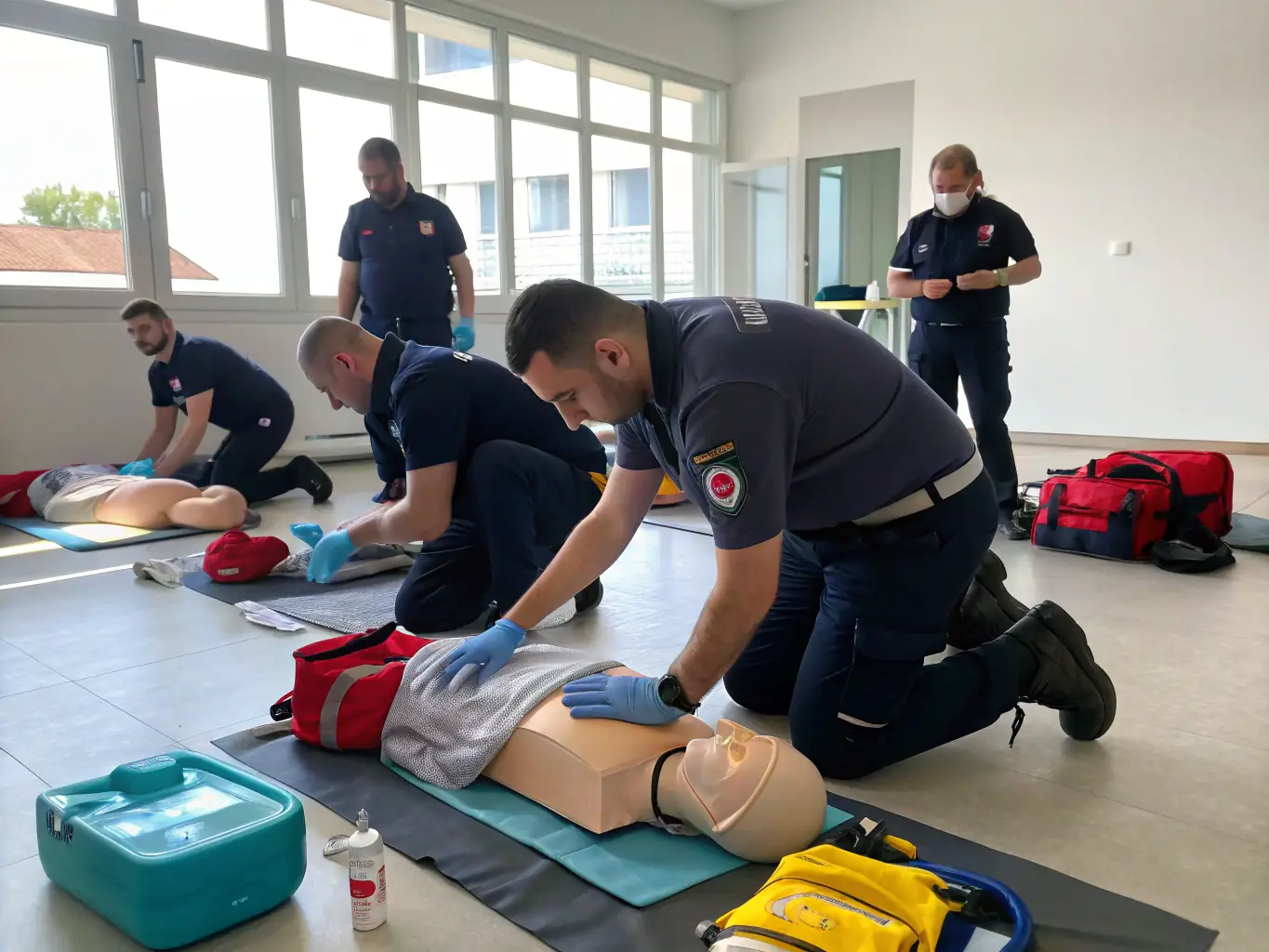 A photograph of a medical professional practicing intubation on a mannequin during an airway management training session. The focus is on the tools and techniques used to secure a patient's airway.