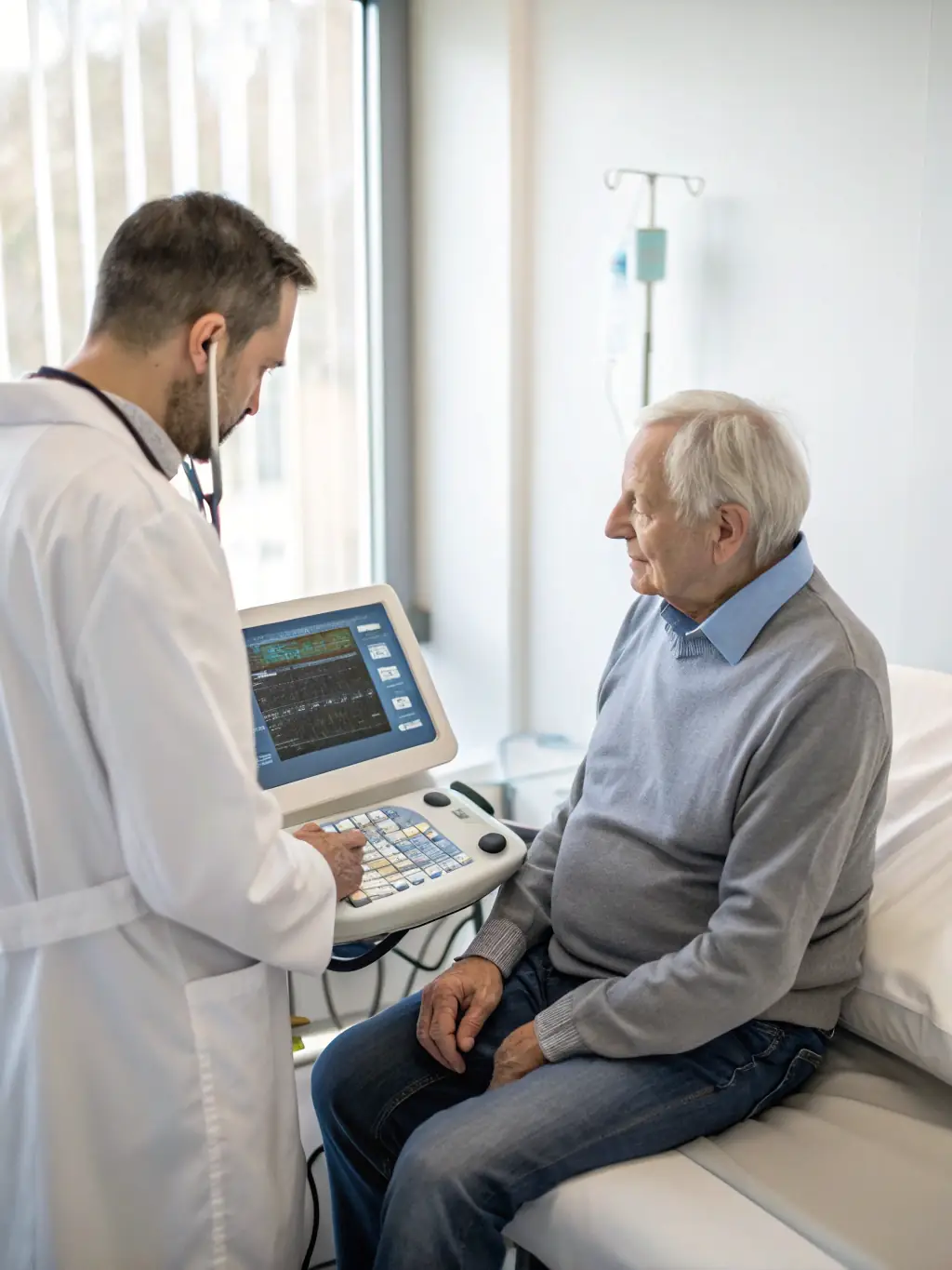 A medium shot of a medical professional assessing a patient for signs of shock, with emphasis on monitoring vital signs and administering fluids.