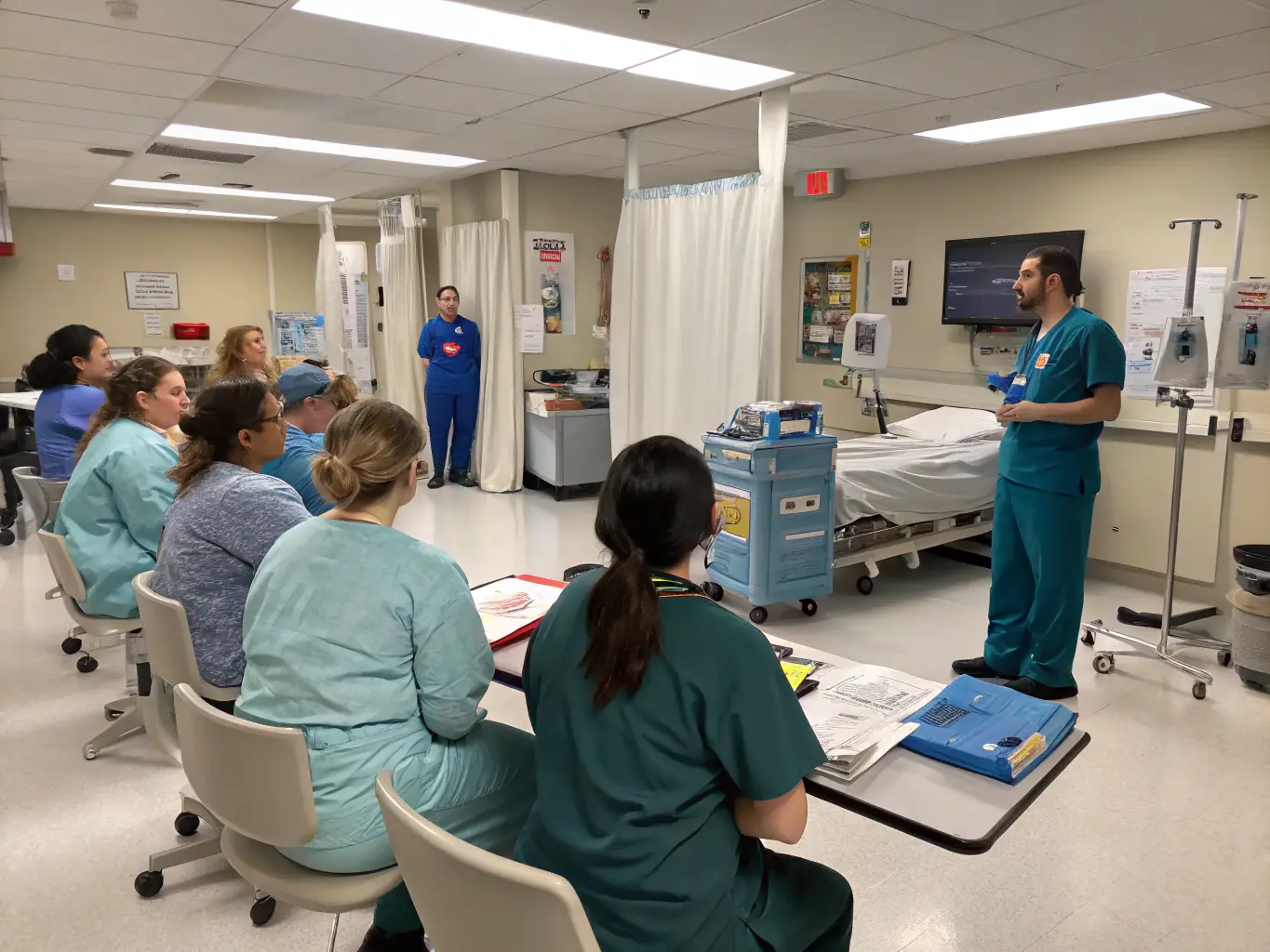 A photograph of a team of healthcare providers simulating a trauma response scenario, with one provider assessing a patient while others prepare equipment and administer care.