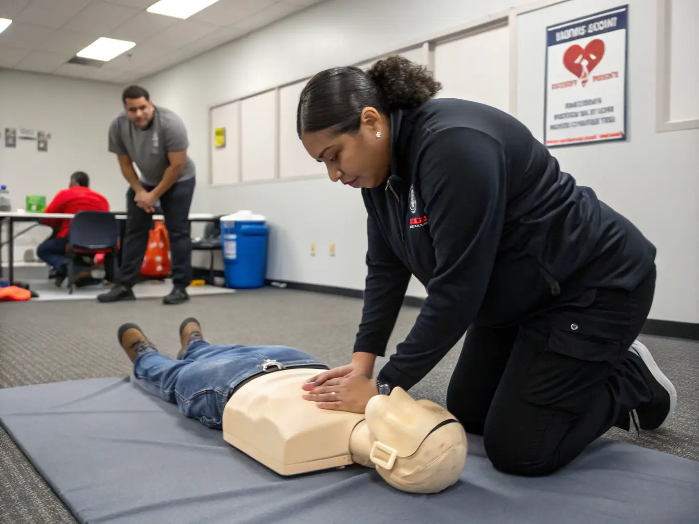 A high-definition photograph of healthcare professionals participating in a CPR training session, demonstrating proper hand placement and technique on a training mannequin. The setting is a well-lit, modern training facility.