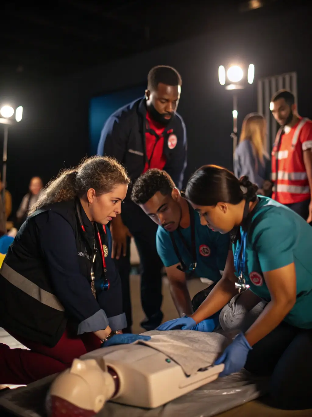 A high-angle, medium shot of a diverse team of healthcare professionals performing CPR on a patient in a simulated emergency room setting. The focus is on their coordinated efforts and the use of medical equipment.