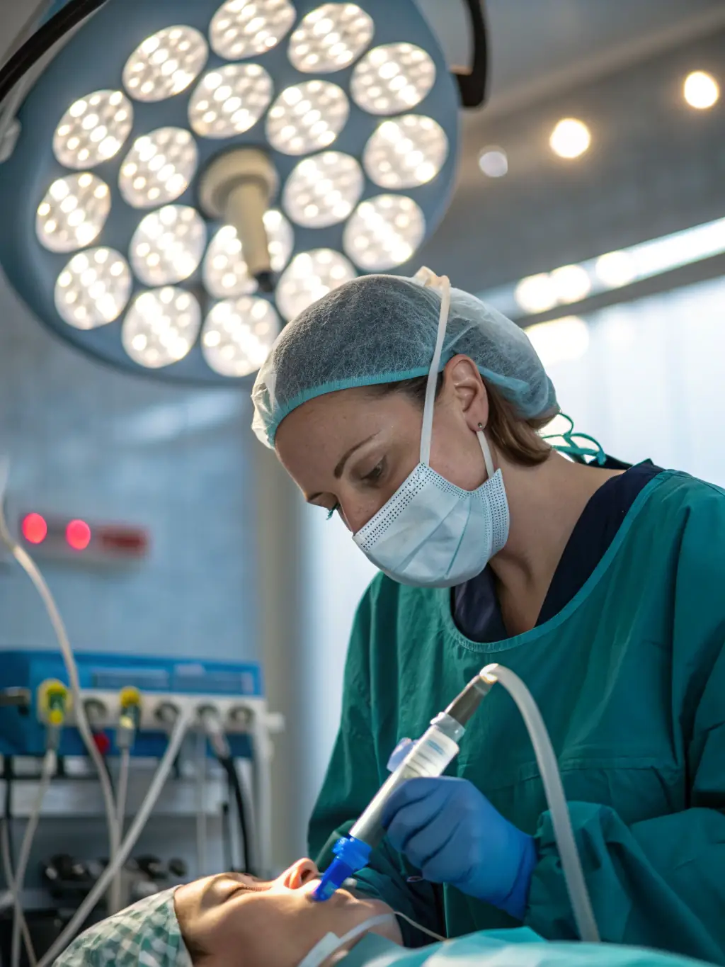 A close-up shot of a healthcare provider practicing airway management techniques on a mannequin, with various airway devices visible in the background.