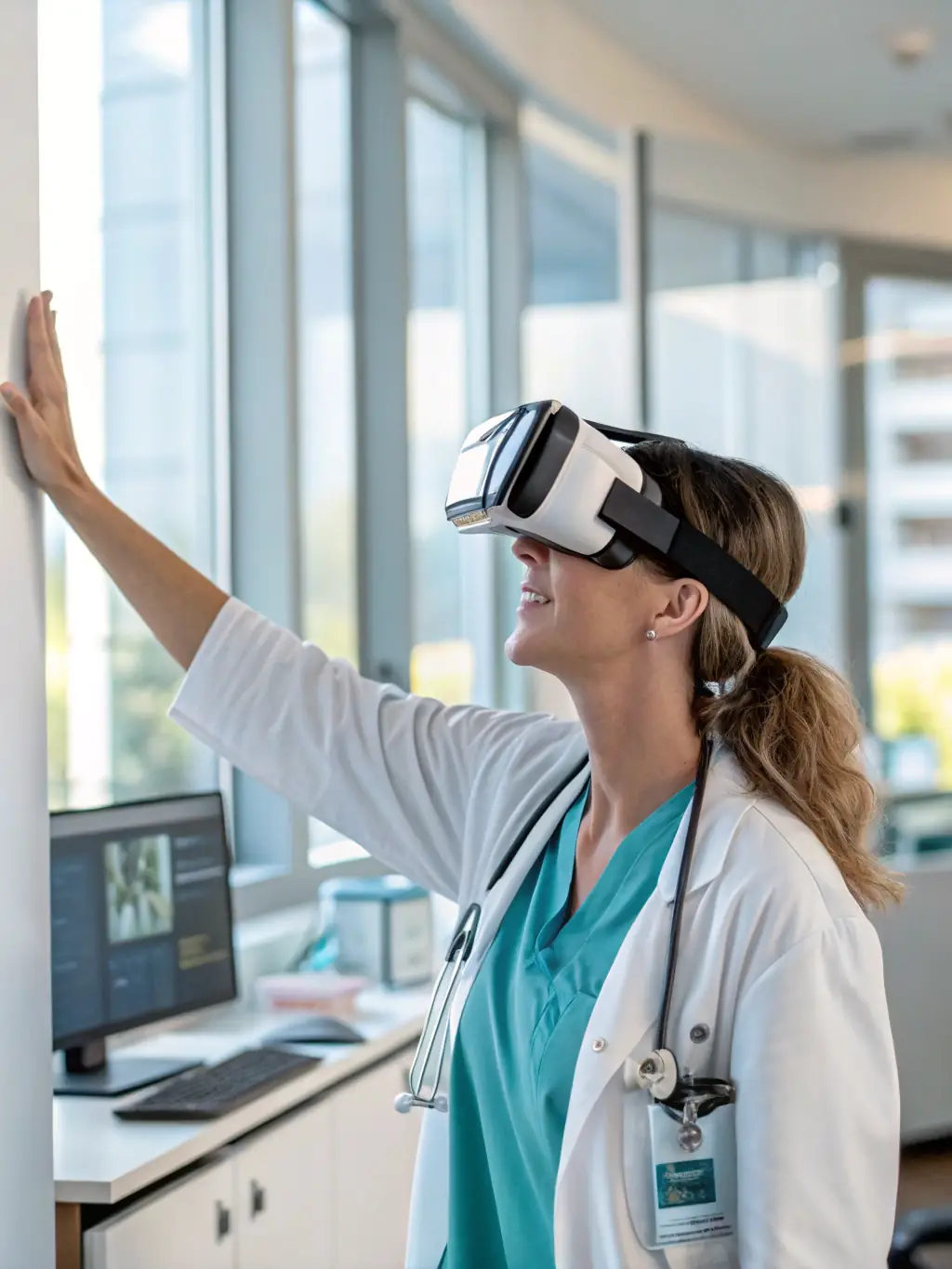 A medical professional in scrubs using a virtual reality headset to simulate a surgical procedure, focusing on precision and technique, in a brightly lit training environment.